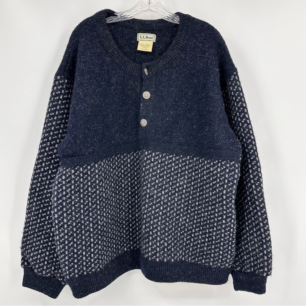 LL Bean Norwegian Fisherman Sweater Wool Crew Neck Navy Blue Size X-Large